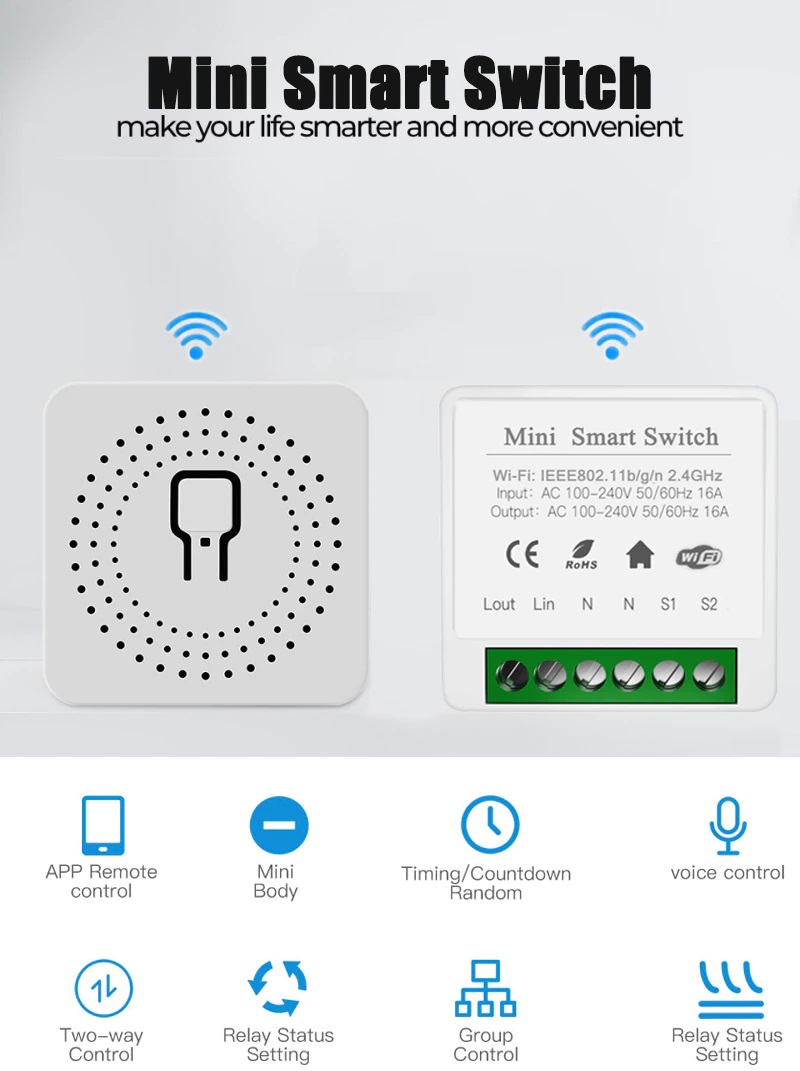 16A Mini Çelës kontrolli me dy drejtime Modul WiFi APP që funksionon me aplikacionin Alexa Google Home TuyaSmart Smart Life