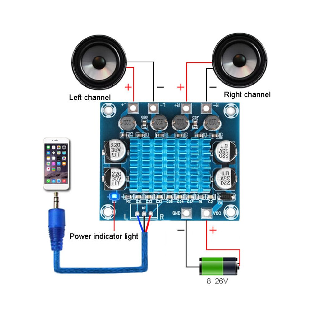XH-A232 30W+30W 2.0 Pllakë e amplifikatorit të energjisë stereo dixhitale me dy kanale DC 8-26V 3A C6-001