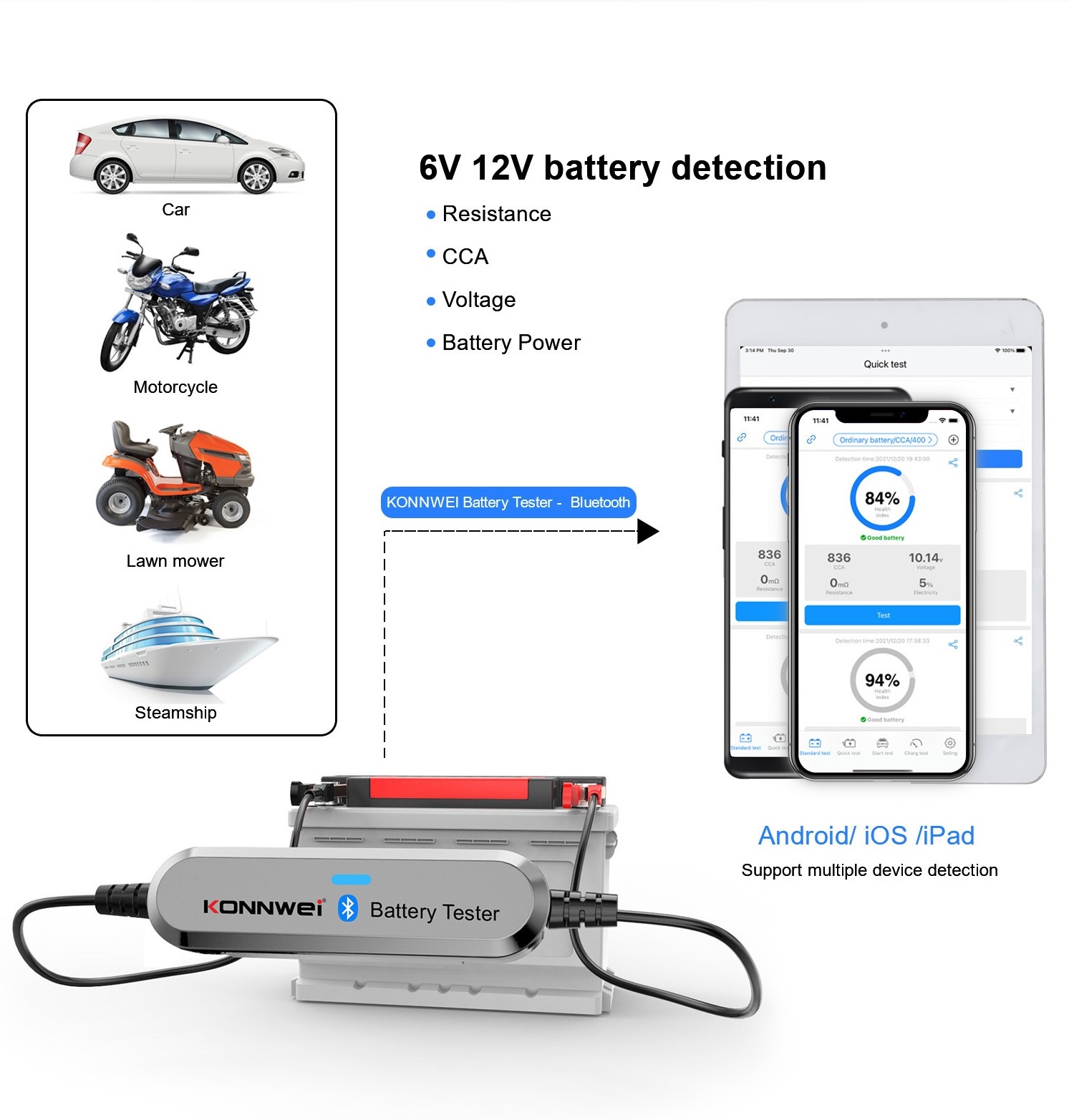 Testues i baterisë së makinës me valë Bluetooth BK100 CCA:100-2000 6V 12V me App Multi-gjuhë